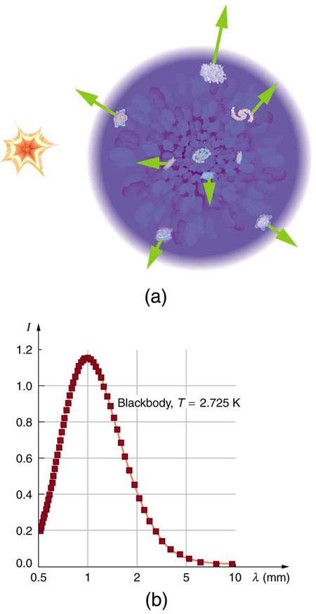Figure a shows an artist's rendition of the Big Bang explosion. Here, the explosion is depicted as a flash of light then a nonuniform purple-colored sphere containing galaxies. With each galaxy is associated an arrow pointing radially outward. The length of the arrows varies from one galaxy to the next. Figure b shows a graph of intensity versus wavelength. The intensity is on an arbitrary scale and the wavelength ranges from zero point five to 10 millimeters. The intensity begins at zero point two then r