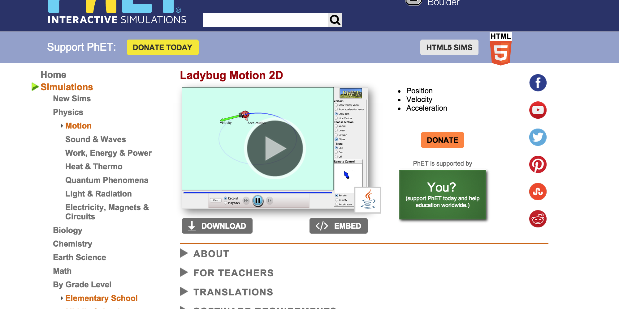 This simulation allows you to adjust position, velocity, and acceleration of a ladybug.