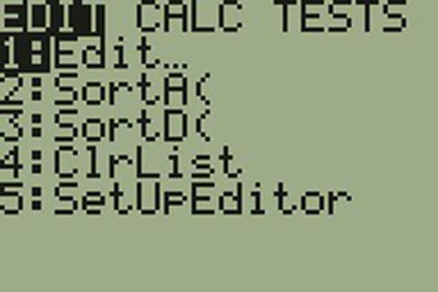 Figure three shows the words edit, calc, tests on the top of a calculator. 1: edit 2: sort A 3: Sort D, 4:Clr List, and 5:Set up Editor