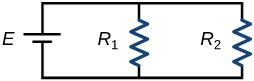A circuit with nothing on the top or bottom, but a battery marked E on the left, a resistor marked R1 in the middle, and a resistor marked R2 on the right.
