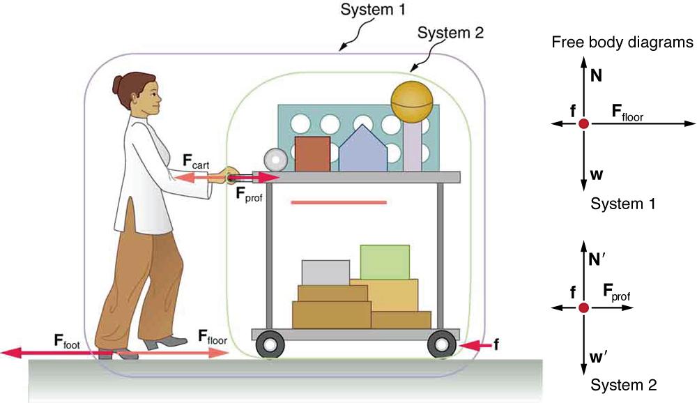 A professor is pushing a cart of demonstration equipment. Two systems are labeled in the figure. System one includes both the professor and cart, and system two only has the cart. She is exerting some force F sub prof toward the right, shown by a vector arrow, and the cart is also pushing her with the same magnitude of force directed toward the left, shown by a vector F sub cart, having same length as F sub prof. The friction force small f is shown by a vector arrow pointing left acting between the wheels