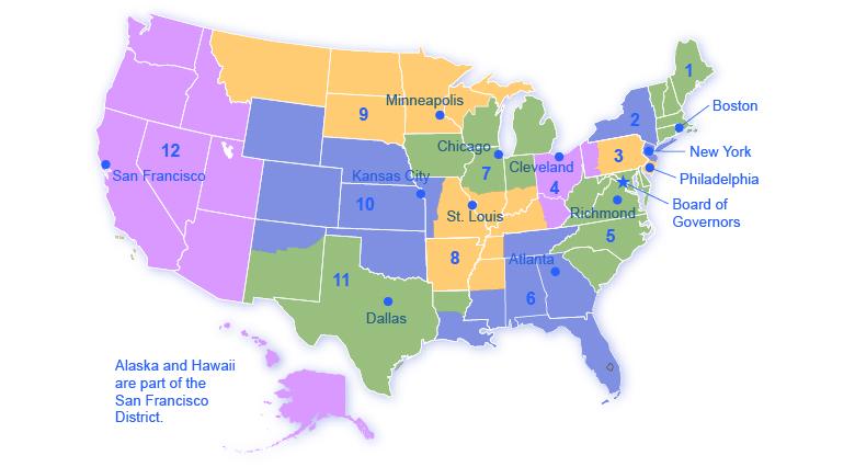 This map of the United States shows the 12 Federal Reserve districts: Boston, New York, Philadelphia, Cleveland, Richmond (VA), Atlanta, Chicago, St. Louis, Minneapolis, Kansas City (MO), Dallas, and San Francisco.