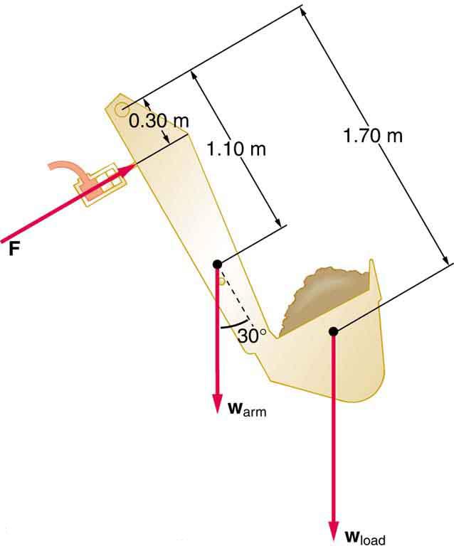 Diagram of the arm and shovel of a backhoe lifting a load of dirt. The weight of the arm, w sub arm, is depicted as a vector extending vertically downward from the arm one point one zero meters from the top of the arm; w sub arm forms a thirty degree angle with the arm of the shovel. The weight of the load, w sub load, is depicted as a vector extending downward from the middle of the shovel one point seven zero meters from the top of the arm. Force F is a vector pushing the arm of the shovel zero point th