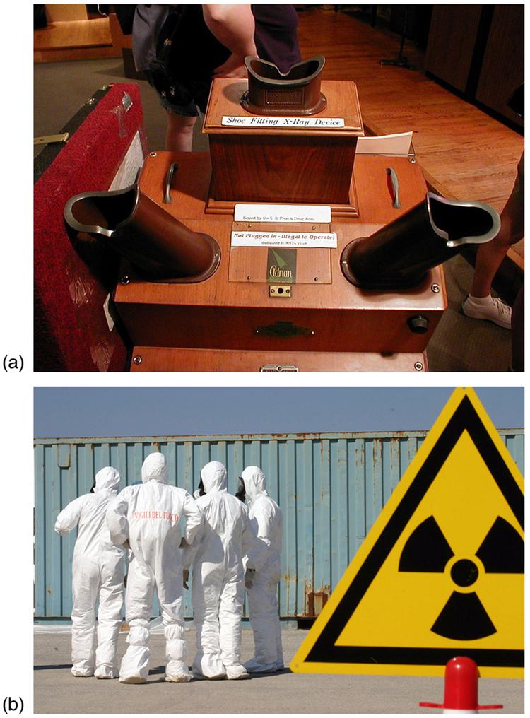 Figure A shows a 'shoe fitting x-ray device.' Figure B shows a group of people wearing white protective suits standing near a yellow radiation hazard sign.
