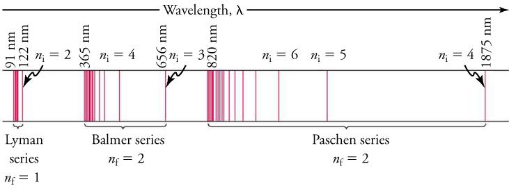 The figure shows the hydrogen spectrum, with wavelengths from 91 nm  to 1875 nm. The spectrum from 91 nm to 122 nm is labelled as Layman series, the spectrum from 365 nm to 656 nm is labelled as Balmer series and the spectrum from 820 nm to 1875 nm is labelled as Paschen series.