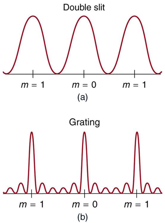 The upper graph, which is labeled double slit, shows a smooth curve similar to a sine curve that is shifted up so that its minimum value is zero. Three peaks are shown: the middle peak is labeled m equals zero and the left and right peaks are labeled m equals one. The lower graph, which is labeled grating, is aligned under the upper graph and also shows three peaks, with each peak aligned directly underneath the peaks in the upper graph. These three peaks are also labeled m equals zero or one, as in the u