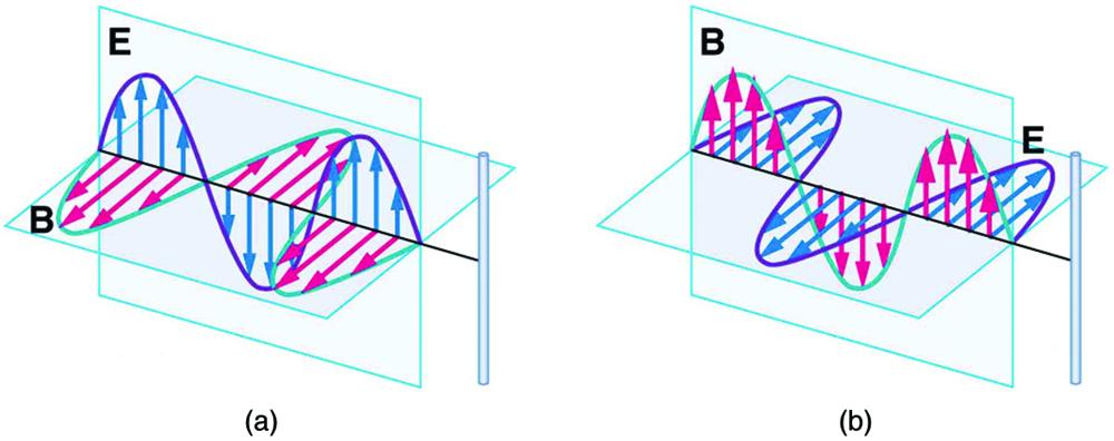 Part a of the diagram shows an electromagnetic wave approaching a long straight vertical wire. The wave is shown with the variation of two components E and B. E is a sine wave in vertical plane with small arrows showing the vibrations of particles in the plane. B is a sine wave in a horizontal plane perpendicular to the E wave. The B wave has arrows to show the vibrations of particles in the plane. The waves are shown intersecting each other at the junction of the planes because E and B are perpendicular 