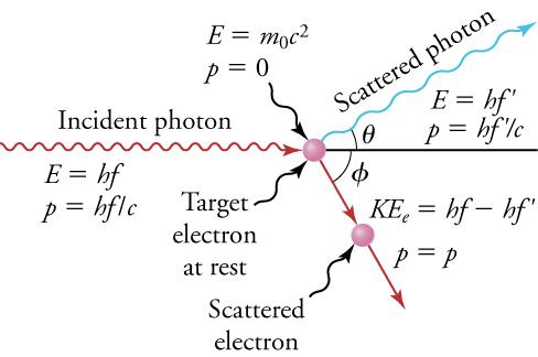 The image shows a collision between a photon of light and an electron. The photon of light is shown travelling downward and to the right toward a stationary electron, and then is shown rebounding upward and to the right after the drawn collision. The electron is shown stationary and the moving downward after the collision. Also in the image are the equations E = hf and E' = hf' , which correspond to the energy of the photon before and after the collision. Near the electron is the equation KEe = E - E' , s