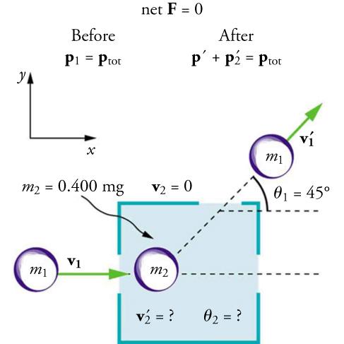 An illustration shows before and after diagrams of two balls, one moving toward the other. The first ball is labeled m one and the second ball is labeled m two and point four kilograms. In the before diagram, a velocity vector, v one, points from m one to m two. In the after diagram, m one is moving in an upward direction with a velocity vector, v one prime, indicating its direction. It forms an angle of forty-five degrees with the x-axis. The following are also shown: before, p one equal p total; after, 
