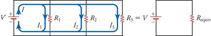 On the left is a circuit diagram with three resistors connected in parallel. On the right is a circuit diagram with only one resistor that has equivalent resistance to the three resistors shown on the left.