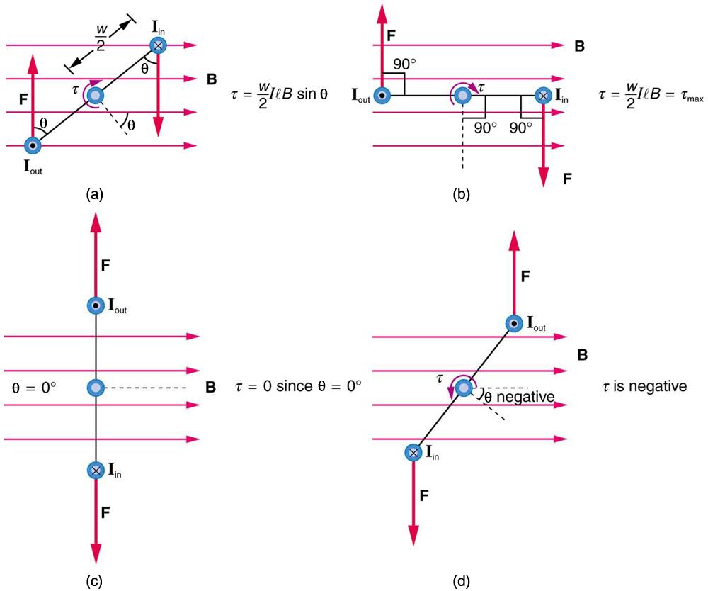 Diagram showing a current-carrying loop from the top, and four different times as it rotates in a magnetic field. The magnetic field oriented toward the right, perpendicular to the vertical dimension of the loop. In figure a, the top view of the loop is oriented at an angle to the magnetic field lines, which run left to right. The force on the loop is up on the lower left side where the current comes out of the page. The force is down on the upper right side where the loop goes into the page. The angle be