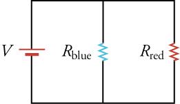The same circuit diagram but with the red resistors combined and the blue resistors combined.