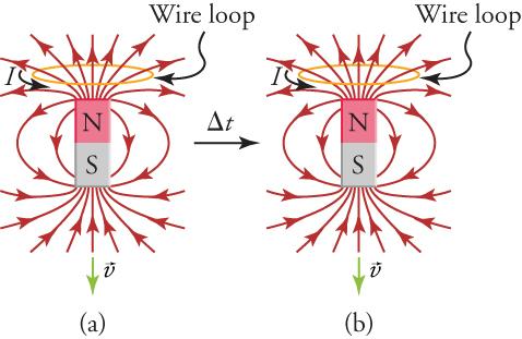 Part (a) shows seven magnetic field lines going through a wire loop. Part (b) shows that after a period of time, only five magnetic field lines are going through the loop.