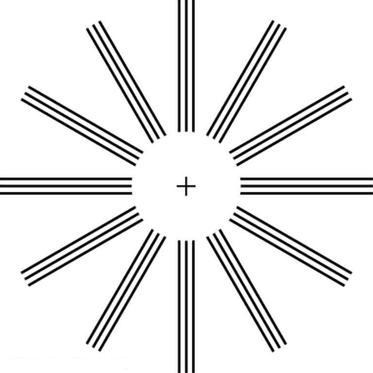 A circle without border and a cross sign in between. A wheel type structure is shown with parallel lines coming from the border of the circle.