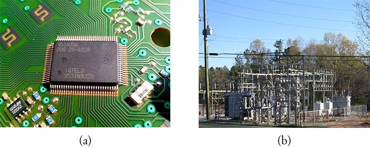 Part (a) shows a circuit board with a small 'chip.' Part (b) shows a high-power electric power transmission station.