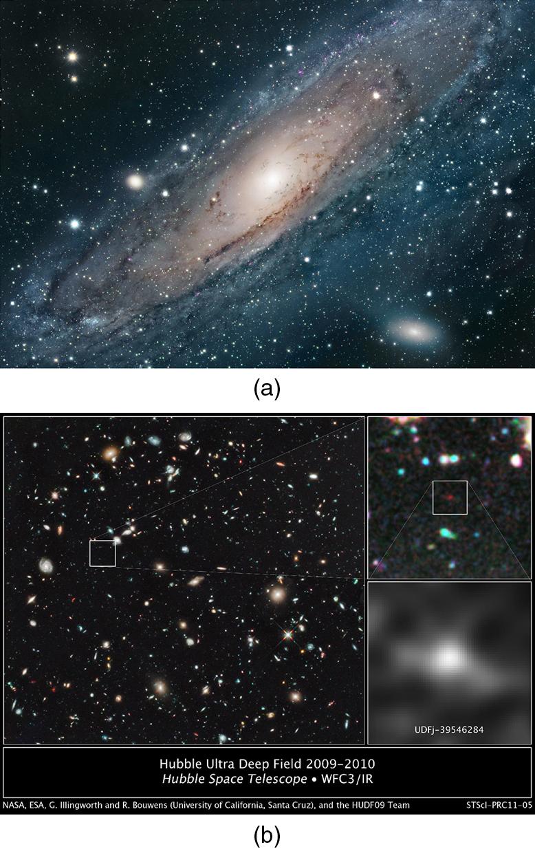 The first image shows a shining spiral cloud of light and dust. The second image contains three sub images. The first is a large scale view of numerous points of lights and light clouds against a black background. A small square appears in the upper left of the image, and the second image is the zoom-in of this square. In the center of this second image appears a small red dot, which is again boxed in by a square. The third image shows a zoomed-in view of the square from the second image and shows a hazy 