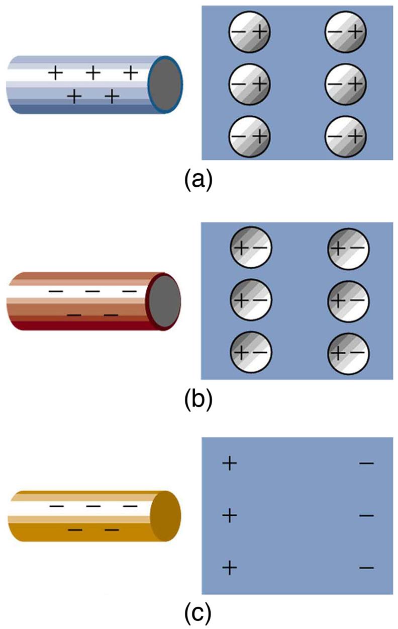 Microscopic views of objects are shown. A positive rod with positive signs is close to an insulator. The negative ends of all the molecules of the insulator are aligned toward the rod and positive ends of all molecules shown as spheres are away from the rod. In part b, a negative rod with negative signs is close to an insulator. The positive ends of all the molecules of the insulator are aligned toward the rod and negative ends of all molecules shown as spheres are away from the rod. In part c, a rod with