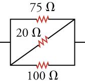 The figure shows a horizontal circuit with three resistors. Two horizontal resistors are connected on both ends and labeled 75 ohms and 100 ohms. A third resistor is connected diagonally across the two resistors and labeled 20 ohms.