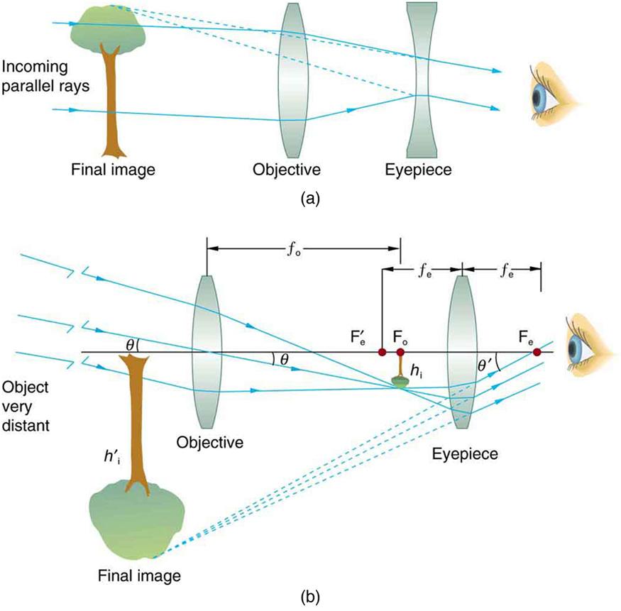 Part a of the figure depicts the internal functioning of a telescope; from left to right it has an upright image of a tree, a convex lens objective, a concave lens eyepiece, and a picture of eye where rays enter. Parallel rays strike the objective convex lens, converge; strike the concave eyepiece, and enter the eye. Dotted lines from the striking rays of the eyepiece are drawn backside and join at the beginning of the final image. Part b of the figure, from left to right, has an inverted enlarged image o