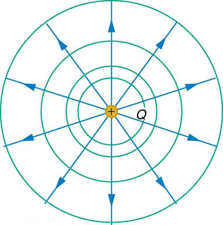 The figure shows a positive charge Q at the center of four concentric circles of increasing radii. The electric potential is the same along each of the circles, called equipotential lines. Straight lines representing electric field lines are drawn from the positive charge to intersect the circles at various points. The equipotential lines are perpendicular to the electric field lines.