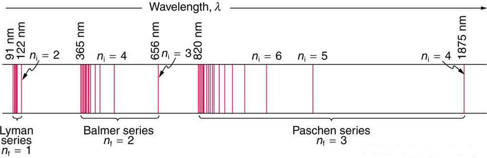 The figure shows three horizontal lines at small distances from each other. Between the two lower lines, the Lyman series, with four vertical red bands in compact form, is shown. The value of the constant n sub f is 1 and the wavelengths are ninety-one nanometers to one hundred nanometers. The Balmer series is shown to the right side of this series. The value of the constant n sub f is two, and the range of wavelengths is from three hundred sixty five to six hundred fifty six nanometers. At the right side