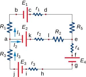Circuit that across the top from left to right goes point b, battery with voltage E1, point c, resistor with resistance r1, and point d; across the middle goes point a, battery with voltage E2, point k, resistor with resistance r2, point l, resistor with resistance R2, and point e; across the bottom goes point j, battery with voltage E3, point i, resistor with resistance r3, and point h; along the left side from top to bottom goes a resistor with resistance R1, point a, and a resistor with resistance R3; 