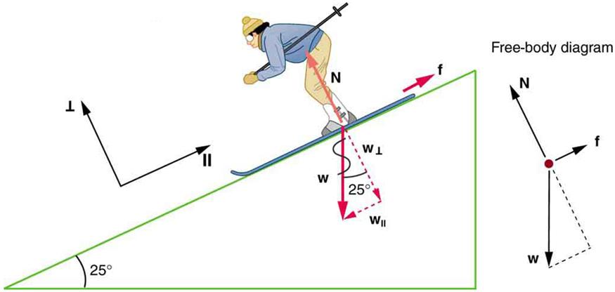 The figure shows a skier going down a slope that forms an angle of 25 degrees with the horizontal. The weight of the skier, labeled w, is represented by a red arrow pointing vertically downward. This weight is divided into two components, w perpendicular is perpendicular to the slope, and w parallel is parallel to the slope. The normal force, labeled N, is also perpendicular to the slope, equal in magnitude but opposite in direction to w perpendicular. The friction, f, is represented by a red arrow pointi