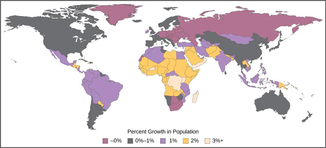 Percent population growth, which ranges from zero percent to three plus percent, is shown on a world map. Europe, Northern Asia, Greenland and South Africa are experiencing zero percent population growth. The United States, Canada, the southern part of South America, China, and Australia are experiencing zero to one percent population growth. Mexico, the northern part of South America, and parts of Africa, the Middle East and Asia are experiencing one percent population growth. Most of Africa and parts of