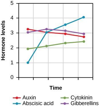 This is a line graph that has hormone levels on the y-axis, ranging from 0 to 5, and time on the x-axis without values. There are four plot lines on the graph. The first plot line is labeled Auxin and begins just above a hormone level of 3.2 at a time of 0, then slightly drops over time to a hormone level around 2.8 at the last time point. The second plot line is labeled Abscisic acid and begins at a hormone level of 1 at a time of 0. The second plot line then increases quickly to a hormone level of 3, an