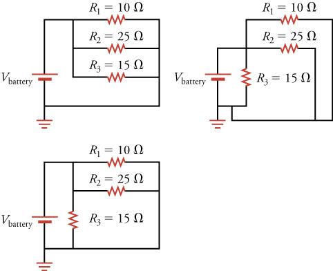 Three equivalent circuit diagrams are shown, each with three resistors connected in parallel.