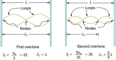 first overtone is shown as the wave length if lambda two is L and there are three nodes and two antinodes in the figure. For first overtone the frequency f two is equal to two times f one.