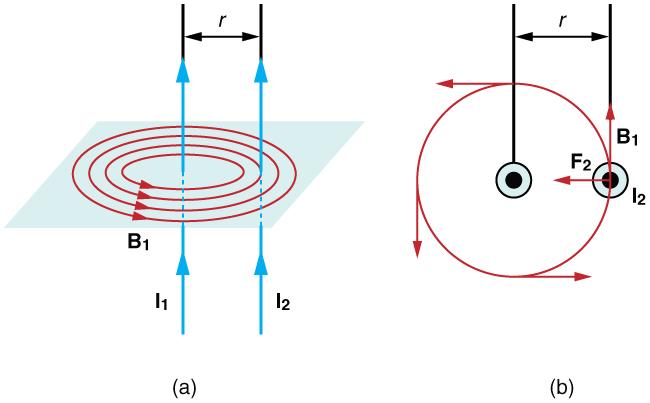 Figure a shows two parallel wires, both with currents going up. The magnetic field lines of the first wire are shown as concentric circles centered on wire 1 and in a plane perpendicular to the wires. The magnetic field is in the counter clockwise direction as viewed from above. Figure b shows a view from above and shows the current-carrying wires as two dots. Around wire one is a circle that represents a magnetic field line due to that wire. The magnetic field passes directly through wire two. The magnet