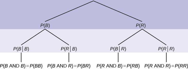 This is a tree diagram for a two-step experiment. The first branch shows first outcome: P(B) and P(R). The second branch has a set of 2 lines for each line of the first branch: the probability of B given B = P(BB), the probability of R given B = P(RB), the probability of B given R = P(BR), and the probability of R given R = P(RR).