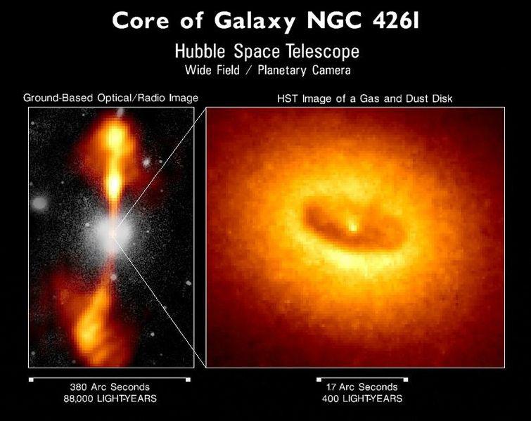 The image on the left shows what appears to be a spherical white burst of dust from which two yellow-orange jets emanate, one going up and the other going down. From the top of the upper jet to the bottom of the lower jet is about one hundred and eighty thousand light years. The background is black. The center of the white burst is expanded in the image on the right and appears as a bright yellow doughnut-shaped disk spread over four hundred light years. At the center of the disk is a bright spot that may