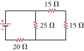A circuit with a voltage source attached to a 20-ohm resistor in series to a subcircuit. The subcircuit consists of two 15-ohm resistors in series, which are connected to a 25-ohm resistor in parallel.