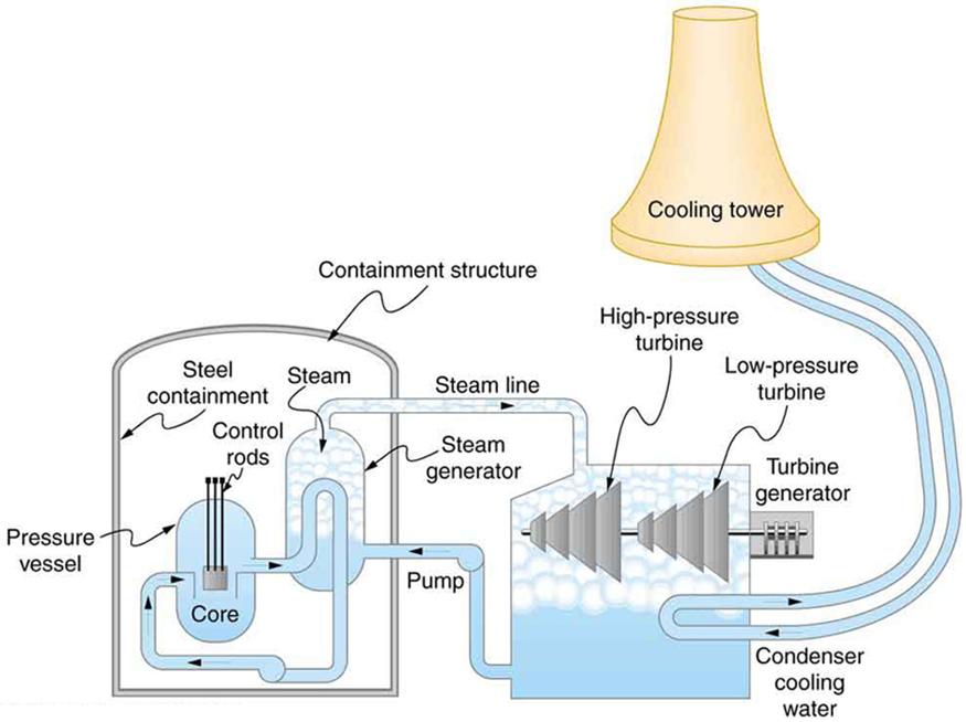 Diagram shows a schematic diagram of a pressurized water nuclear reactor and the steam turbines that convert work into electrical energy. There is a pressure vessel in the middle, dome shaped at the ends. This has a nuclear core in it. The core is a small square in the center of the reactor. Control rods are shown as sticks of equal length attached to the core. The pressure vessel has some coolant tubes passing through it and then back to a steam chamber. These coolant tubes contain a coolant liquid that 