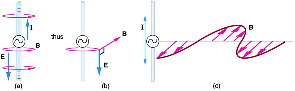 Part a of the diagram shows a long straight gray wire with an A C generator at its center, functioning as a broadcast antenna. The antenna has a current I flowing vertically upward. The bottom end of the antenna is negative and the upper end of the antenna is positive. An electric field is shown to act vertically downward. The magnetic field lines B produced in the antenna are circular in direction around the wire. Part b of the diagram shows a long straight gray wire with an A C generator at its center, 