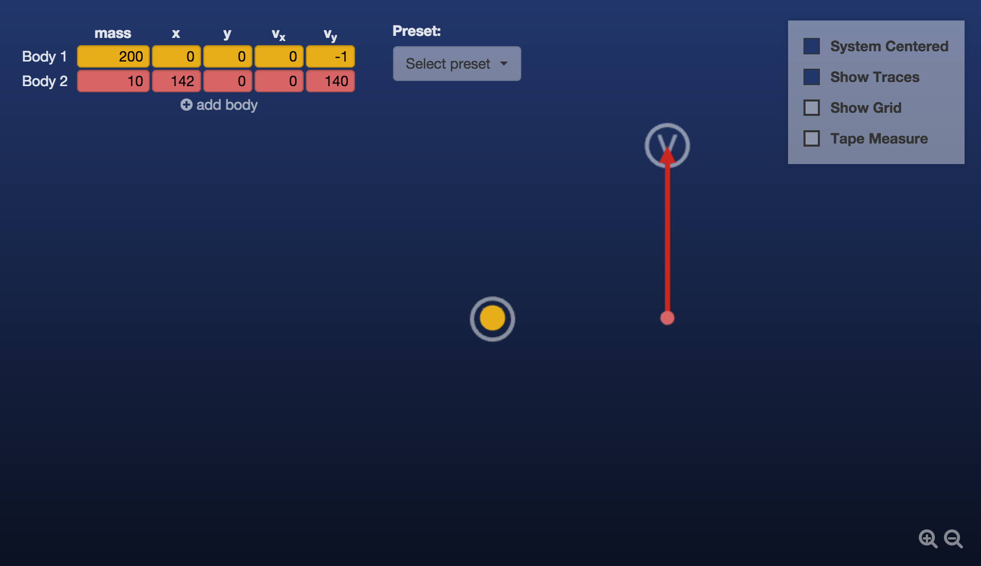 This simulation allows you to build your own solar system and then watch how the gravitational forces impact them in their orbits.
