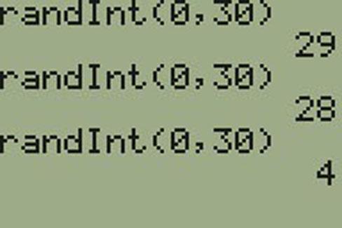 This figure shows a sample of random numbers generated on a calculator. It should a RandInt (0,30) 29, randInt (0,30) 28, and randInt (0,30) 4