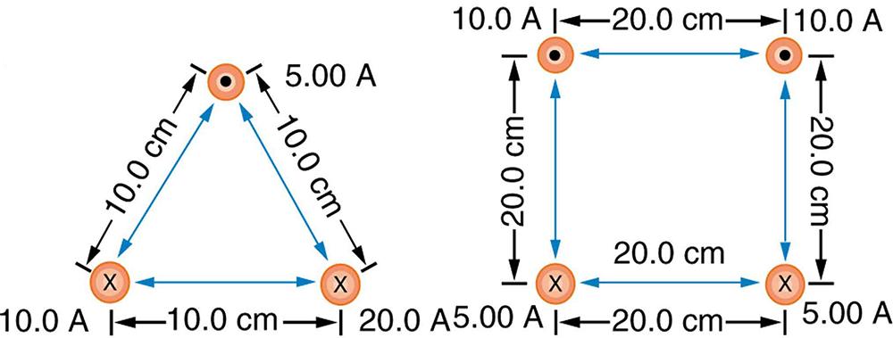 Figure a shows the cross sections of three wires that are parallel to each other and arranged in an equilateral triangle. The bottom left wire has current of ten point zero amps into the page. The bottom right wire has a current of twenty point zero amps also into the page. The wire at the top of the triangle has current five point zero amps out of the page. The triangle that the wires make with each other is ten point zero centimeters on each side. Figure b shows four parallel wires arranged in a square 