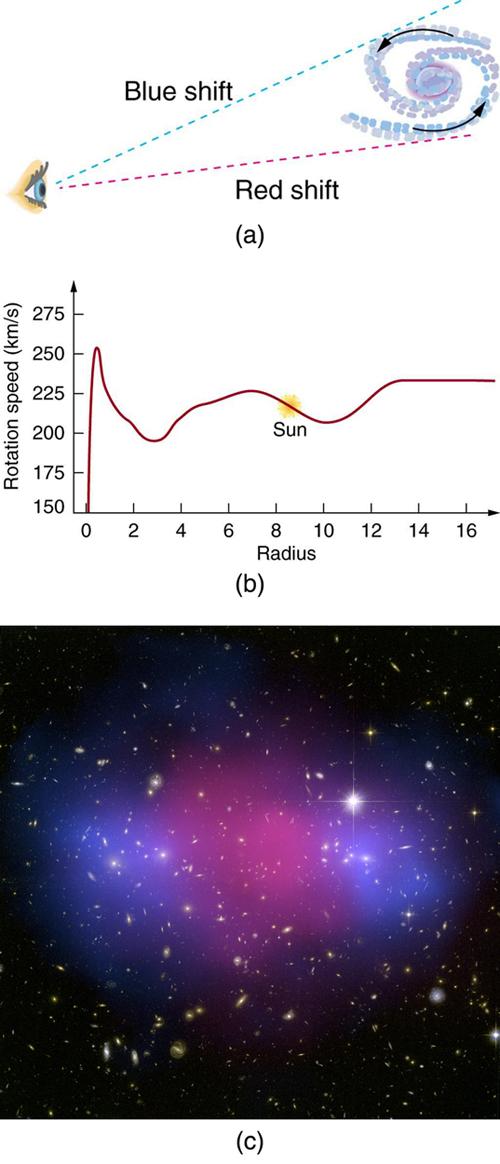 Figure a shows an eye looking toward a rotating spiral galaxy. Light coming from the galaxy arms that are rotating away from the observer is red shifted, and light coming from the galaxy arms that are rotating toward the observer is blue shifted. Figure b shows a graph of star rotation speed versus star radius. From zero radius, the curve increases steeply and peaks near two hundred and fifty kilometers per second at a radius of zero point five arbitrary units. The curve then decreases slightly and progre