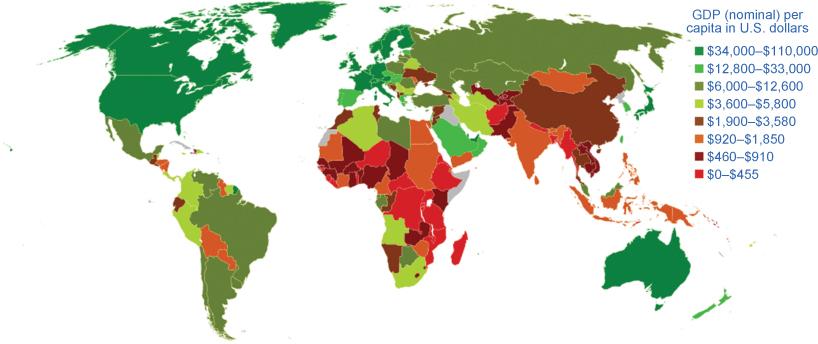 This image is a colored map of the world with only a few areas having high GDPs.