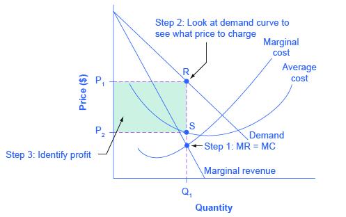 The graph shows monopoly profits as the area between the demand curve and the average cost curve at the monopolist’s level of output.