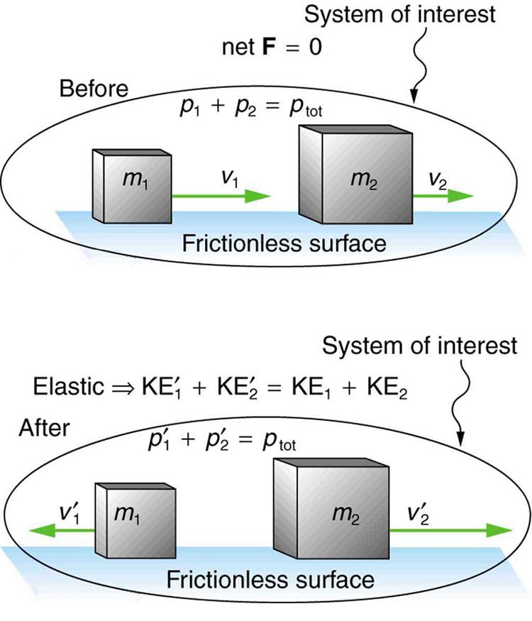 The system of interest contains a smaller mass m sub1 and a larger mass m sub2 moving on a frictionless surface. M sub 2 moves with velocity V sub 2 and momentum p sub 2 and m sub 1 moves behind m sub 2, with velocity V sub 1 and momentum p sub 1 toward the right direction. P 1 plus P 2 equals p total. The net force is zero. After collision m sub 1 moves toward the left with velocity V sub 1 while m sub 2 moves toward the right with velocity V sub 2 on the same frictionless surface. The momentum of m sub 