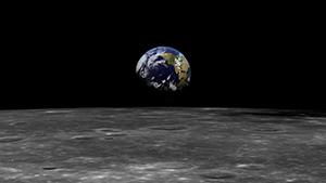 A photograph taken from the moon shows Earth in the distance.