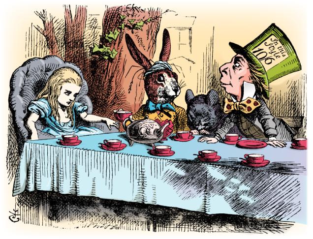 An image from the book Alice in Wonderland is shown. Alice is attending a tea party with the Mad Hatter and the White Rabbit.