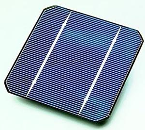 There is an image of a blue solar cell. The solar cell is square, with diagonal notches removed from each corner.