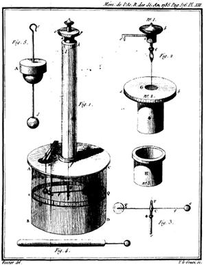 This figure consists of seven drawings, the largest of which is labeled 'Fig. 1'. The largest structure appears as follows: there is a cap at the top, and below that are a disc, a long cylinder, a wider disc, and a shorter cylinder. The six smaller drawings show the parts from which the large structure is assembled. One part, labeled 'Fig. 5' and placed nearest the upper left corner, consists of a vertical rod with a hook at the top, a sphere at the bottom, and a disc over a hemisphere near the mi