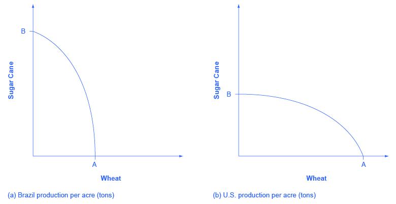 This graph shows two images. Both images have y-axes labeled 'Sugar Cane' and x-axes labeled 'Wheat.' In image (a), Brazil’s Sugar Cane production is nearly double the production of its wheat. In image (b), the U.S.’s Sugar Cane production is nearly half the production of its wheat.