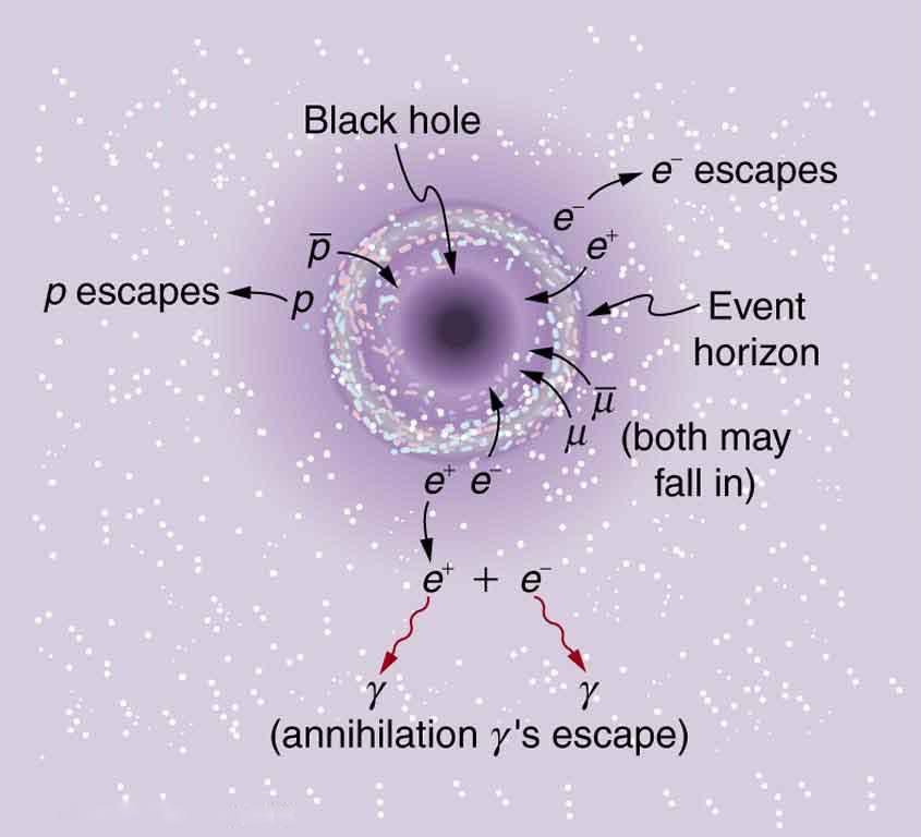 The figure shows a purple doughnut-shaped object with a black hole in the middle. Many different-colored spots are arranged like glazing around the edge of the doughnut. The deep purple of the doughnut fades to a light purple as you move away from the doughnut, and the space around the doughnut is filled with randomly placed white dots. Various particles are shown either falling in or escaping from the doughnut. There is a proton antiproton pair, with the proton escaping and the antiproton falling back in